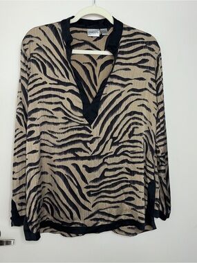 Chico's Silk Beige Black Zebra-Print V-Neck Blouse